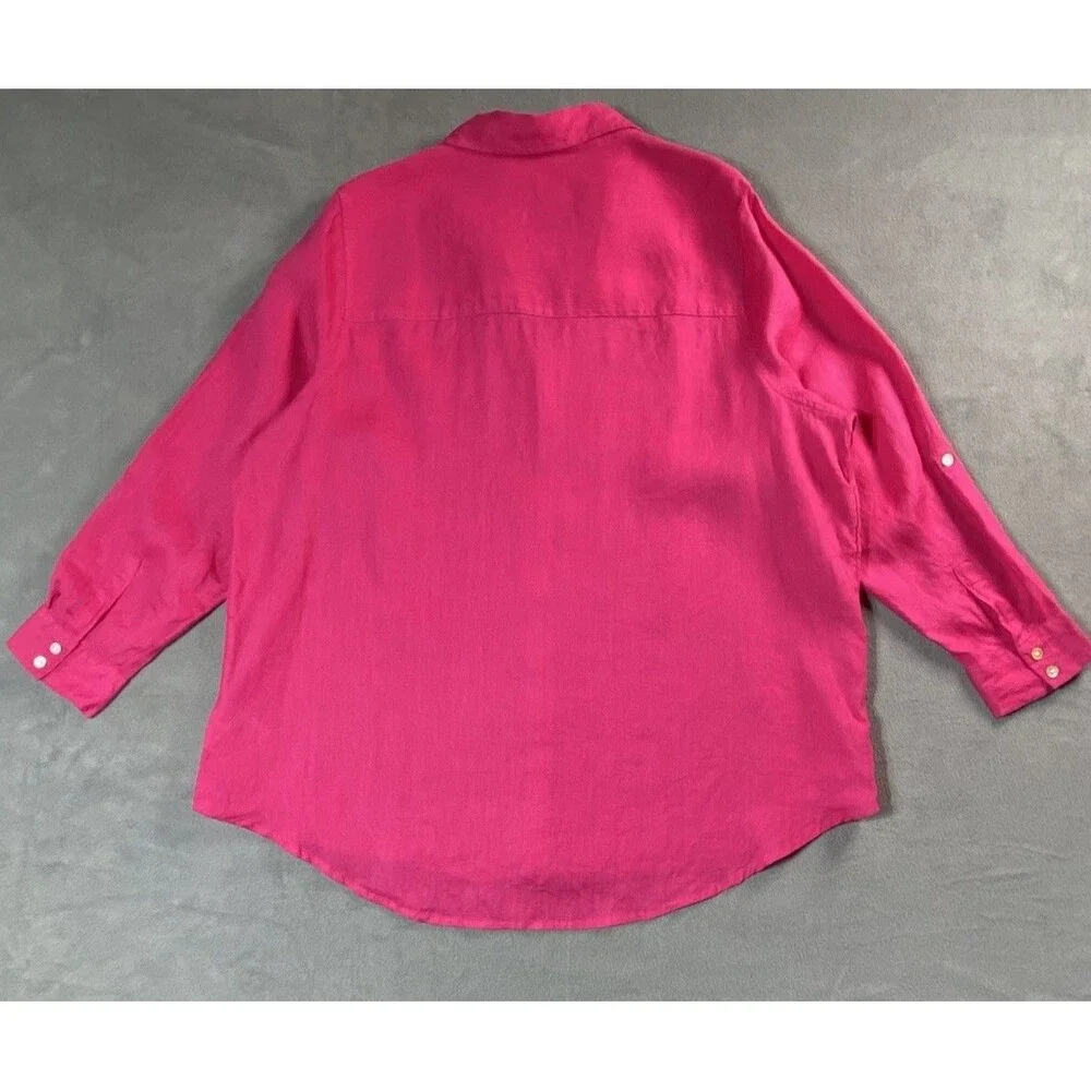Sigrid Olsen Womens Plus 1X Button Up Bright Pink 100% Linen Shirt Long Sleeve